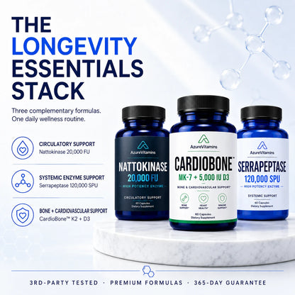 Longevity Essentials Stack | Nattokinase 20,000 FU + Serrapeptase 120,000 SPU + CardioBone™ K2 + D3