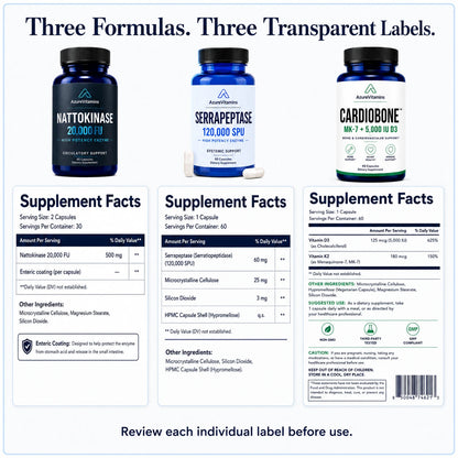 Longevity Essentials Stack | Nattokinase 20,000 FU + Serrapeptase 120,000 SPU + CardioBone™ K2 + D3
