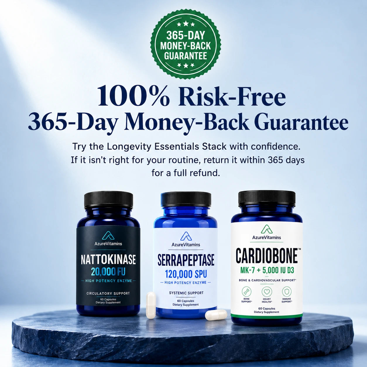 Longevity Essentials Stack | Nattokinase 20,000 FU + Serrapeptase 120,000 SPU + CardioBone™ K2 + D3