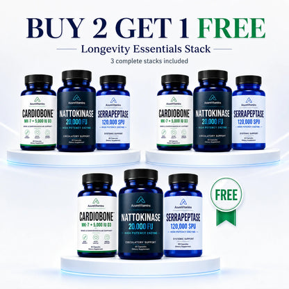 Longevity Essentials Stack | Nattokinase 20,000 FU + Serrapeptase 120,000 SPU + CardioBone™ K2 + D3
